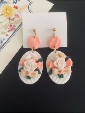 Pretty Rose Bouquet Polymer Clay Dangle Earrings